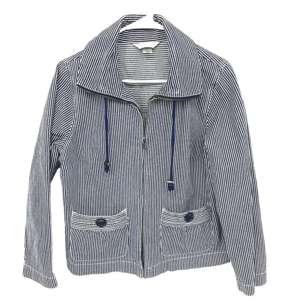 Christopher & Banks Nautical Stripe Cotton Jacket Full Zip with Pockets sz Small - Picture 1 of 4